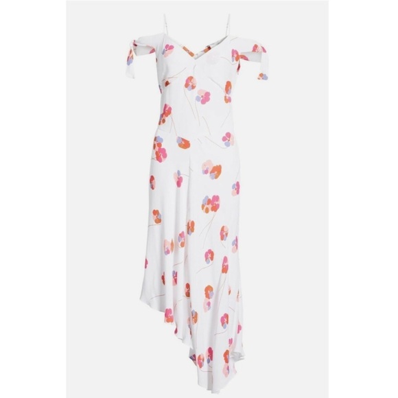 Lewit Tie Sleeve Off Shoulder Floral Asymmetrical Maxi Dress White Pink Size 8 - Picture 11 of 16